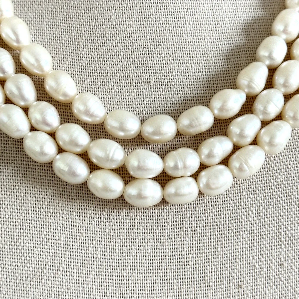925 Sterling Silver Vintage Genuine Pearl Chunky Triple Strand 3 Row Necklace